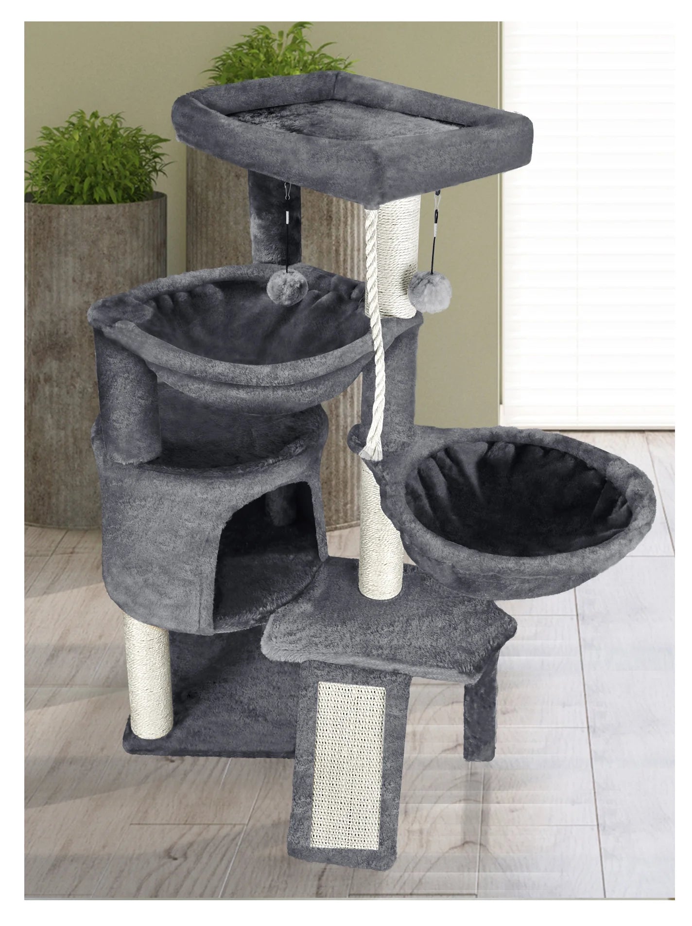 Cat Tree Cat Tower with Scratching Posts, Activity Centre Climbing Tree Cat Furniture with Cat Condo and Two Hammocks, Grey